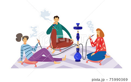 People cartoon characters smoking hookah, flat vector illustration isolated. People cartoon characters smoking hookah, flat vector illustration isolated. 75990369