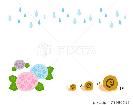 かわいい紫陽花と雨とカタツムリ 夏 梅雨 手書きイラストのイラスト素材