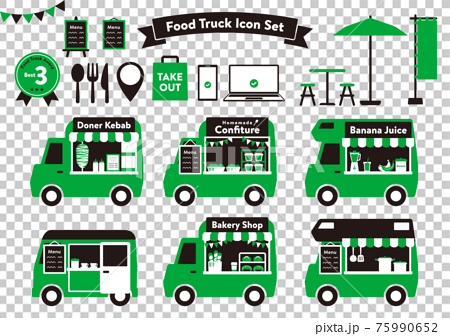 かわいいフードトラック キッチンカーのイラスト 黒 緑 Aのイラスト素材