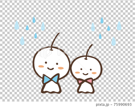 かわいいリボンとてるてる坊主と雨 夏 梅雨 手書きイラストのイラスト素材