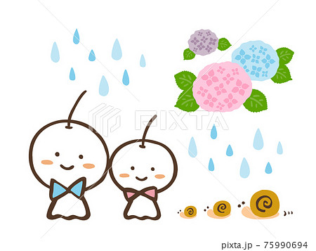 かわいい紫陽花とてるてる坊主と雨とカタツムリ 夏 梅雨 手書きイラストのイラスト素材