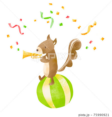 音楽を演奏しながら玉乗りする動物 リス トランペットのイラスト素材