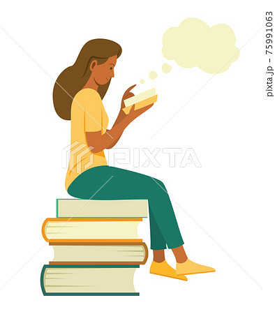 Woman Sit On the Pile of Big Books for Read a Book and Think a Good Idea. Woman Sit On the Pile of Big Books for Read a Book and Think a Good Idea. 75991063