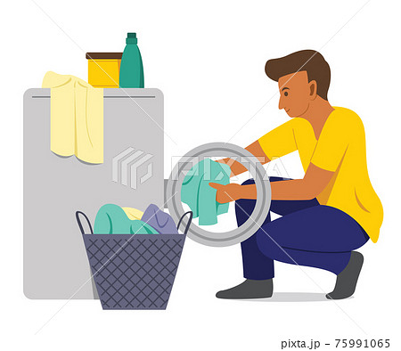 Man Wash the Clothes with Washing Machine. Man Wash the Clothes with Washing Machine. 75991065