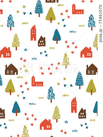 北欧 かわいい家と草木のパターン背景のイラスト素材