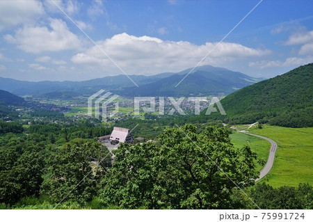 由布岳麓からの由布院の街並みと福万山 75991724