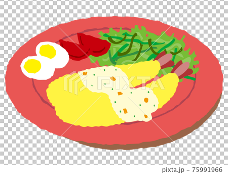 タルタルソースのかかったエビフライとサラダ、ゆで卵がピンク色の皿に乗っている 75991966