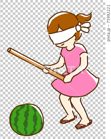 女の子がスイカ割りをしている線画イラストのイラスト素材