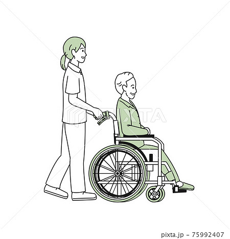 車いす 車椅子を押す 看護師 介護 ヘルパー 患者 シニア 高齢者 イラスト素材のイラスト素材