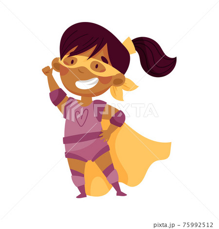 Little African American Girl Wearing Costume of Superhero Pretending Having Power for Fighting Crime Vector Illustration 75992512