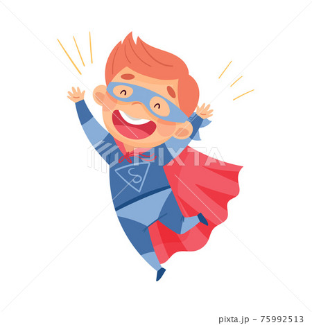 Cute Boy Wearing Cape and Mask as Superhero Jumping with Joy Pretending Having Power for Fighting Crime Vector Illustration 75992513
