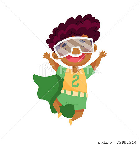 Cute African American Boy Wearing Cape as Superhero Jumping Pretending Having Power for Fighting Crime Vector Illustration 75992514