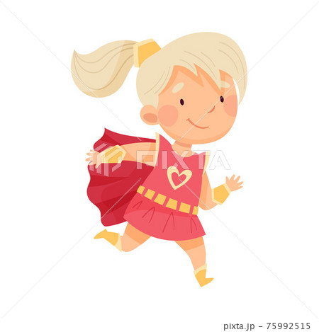 Blond Little Girl Wearing Costume of Superhero Running Pretending Having Power for Fighting Crime Vector Illustration 75992515