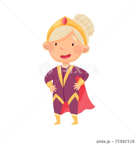 Little Girl Wearing Costume of Superhero Pretending Having Power for Fighting Crime Vector Illustration 75992516