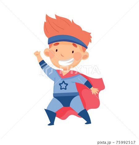 Cute Redhead Boy Wearing Cape as Superhero Pretending Having Power for Fighting Crime Vector Illustration 75992517