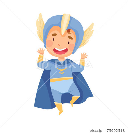 Cute Boy Wearing Cape and Helmet as Superhero Jumping Pretending Having Power for Fighting Crime Vector Illustration 75992518