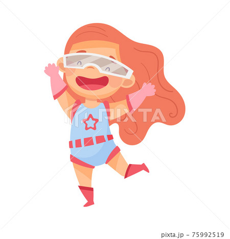 Beaming Girl Wearing Costume of Superhero Jumping High Pretending Having Power for Fighting Crime Vector Illustration 75992519