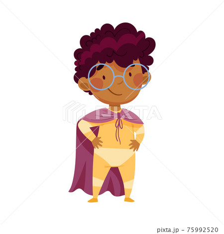 Pretty African American Boy Wearing Cape as Superhero Standing with His Hands on Hips Pretending Having Power for Fighting Crime Vector Illustration 75992520