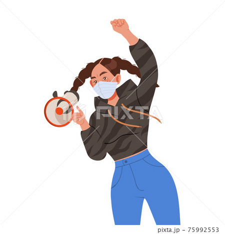 Young Girl Wearing Face Mask Shouting in Megaphone Supporting Street Protest Against Human Rights Violation Vector Illustration Young Girl Wearing Face Mask Shouting in Megaphone Supporting Street Protest Against Human Rights Violation Vector Illustration 75992553