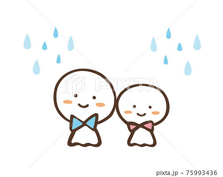 かわいいリボンのてるてる坊主と雨　夏（梅雨）／手書きイラスト 75993436