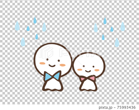 かわいいリボンのてるてる坊主と雨　夏（梅雨）／手書きイラスト 75993436