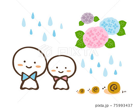 かわいい紫陽花と雨とてるてる坊主とカタツムリ 夏 梅雨 手書きイラストのイラスト素材