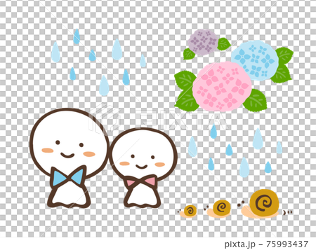 かわいい紫陽花と雨とてるてる坊主とカタツムリ 夏(梅雨)/手書きイラスト かわいい紫陽花と雨とてるてる坊主とカタツムリ 夏(梅雨)/手書きイラスト 75993437