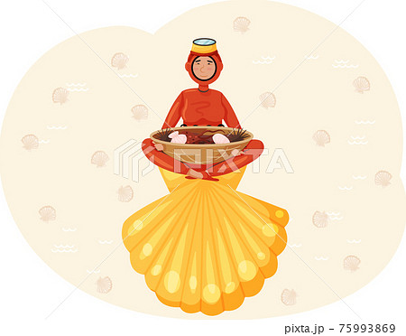 Diver from Jeju sland surrounded by seashells. Woman in scuba suit holds seafood, national dish Diver from Jeju sland surrounded by seashells. Woman in scuba suit holds seafood, national dish 75993869