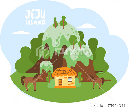 Wellcom to Jeju island in South Korea, traditional elements. Attraction landmarks of Jeju Wellcom to Jeju island in South Korea, traditional elements. Attraction landmarks of Jeju 75994341