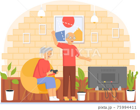 Old people play video game. Senior people with different gadgets. Oldster education on computer 75994411