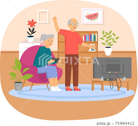 Old people play video game. Senior people with different gadgets. Oldster education on computer Old people play video game. Senior people with different gadgets. Oldster education on computer 75994412