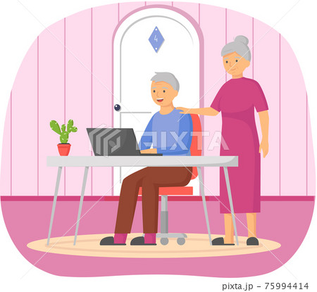 Old people play video game. Senior people with different gadgets. Oldster education on computer Old people play video game. Senior people with different gadgets. Oldster education on computer 75994414