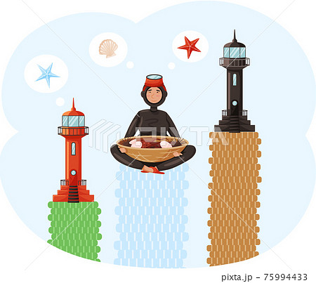 Main attraction of south korean island Jeju aquatic landmark, happy diver holding plate with seafood 75994433