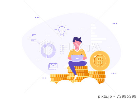 Young man with laptop sitting on stack of coins. Young man with laptop sitting on stack of coins. 75995599