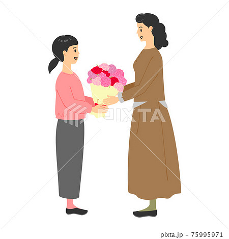 花束を渡す女の子と受け取るお母さんのイラスト素材