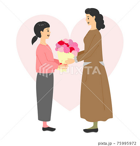 花束を渡す女の子と受け取るお母さんのイラスト素材