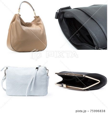 Collage of female handbags on white background 75996838