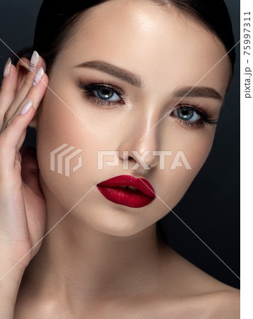 Woman with red matte finish lips closeup portrait Woman with red matte finish lips closeup portrait 75997311