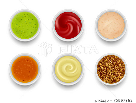 Sauce top view. Gourmet liquid sauce syrup for food garnishing tomato mustard chili green oil wasabi soup in round bowls decent vector realistic collection 75997365