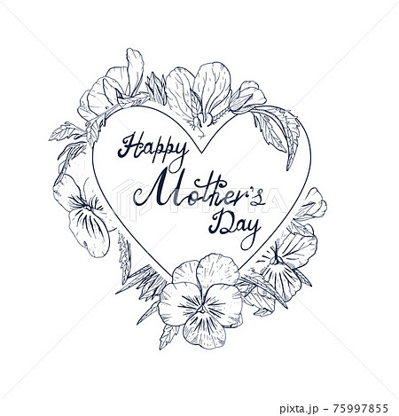 Monochrome Hand lettering text Happy Mother's day decorated with line art vintage pansy flowers 75997855