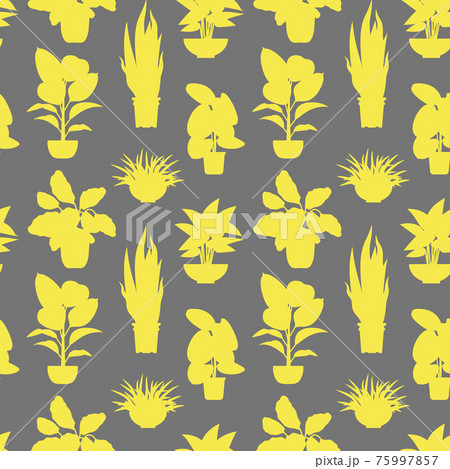 Seamless pattern with yellow potted tropical house plants silhouettes 75997857