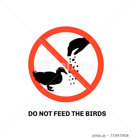 Prohibition sign with text do not feed the birds and hand silhouette giving food to duck. 75997908