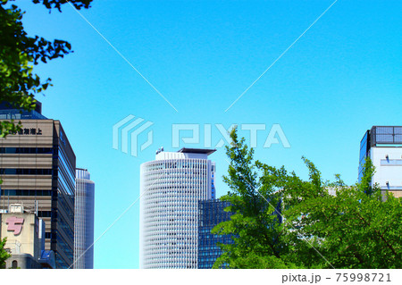 新緑の桜通銀杏並木と名古屋駅前ビル群の風景 75998721