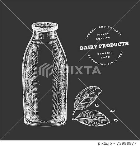 Hand drawn sketch style milk glass bottle. Organic fresh food vector illustration isolated on chalk board. Retro dairy product illustration. Engraved style rustic picture. 75998977