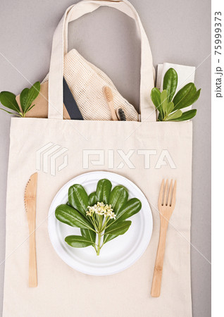 Eco friendly, disposable, recyclable, compostable tableware. Toothbrush, plate, cutlery, bag made of 75999373