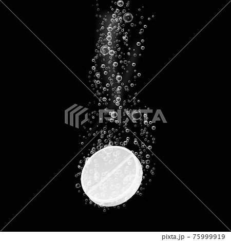Tablet with bubbles. Dissolving effervescent aspirin pill in fizzy water. Closeup vitamin or drug in beverage, painkiller or antibiotic. Pharmacy isolated vector illustration 75999919