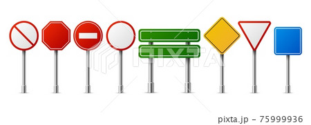 Realistic traffic road signs. Empty highway speed street metal sign collection, danger red circle forbidden and warning symbols, blank signboard template, vector isolated set Realistic traffic road signs. Empty highway speed street metal sign collection, danger red circle forbidden and warning symbols, blank signboard template, vector isolated set 75999936