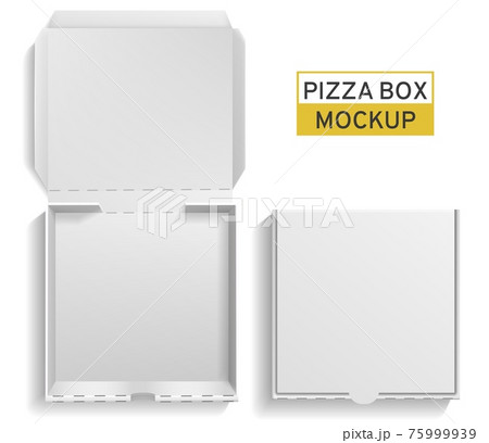 Box pizza. Closed and open square pack, top view paper white empty carton mockup for pizzeria, meal delivery or takeaway, fast food lunch. Brand identity template vector realistic illustration 75999939