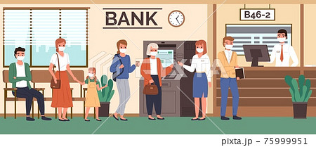 Bank queue. Customers in masks waiting for turn, financial transactions center, visitors in lobby interior, different ages people in office male employee on reception vector flat concept 75999951