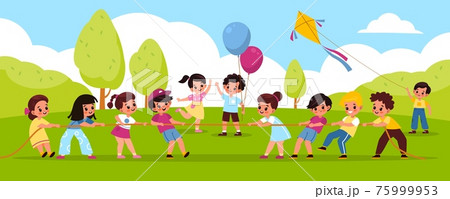 Tug of war outdoor. Outdoor team games, kids pull the rope in park, boy launches kite on green grass, students play compete, equal and counteracting forces. Vector cartoon concept 75999953